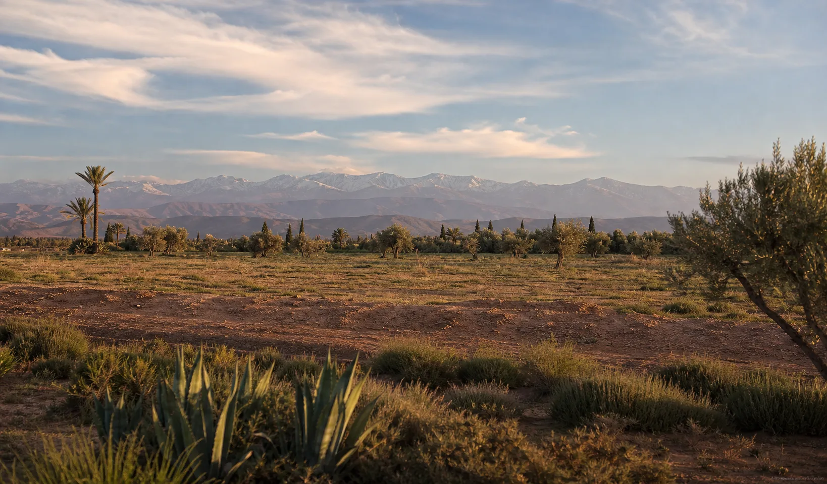 Open villa land near Marrakech with Atlas mountains in the distance